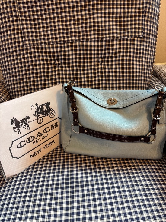Coach Handbags - Coach Pebbled Leather Shoulder Bag in robin’s egg Blue with Dark Brown Trim